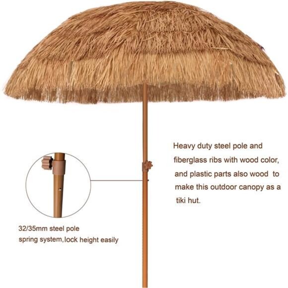 7.5ft Hula Thatched Tiki Patio Beach Umbrella Hawaiian Style 10 Ribs UPF - Picture 3 of 7